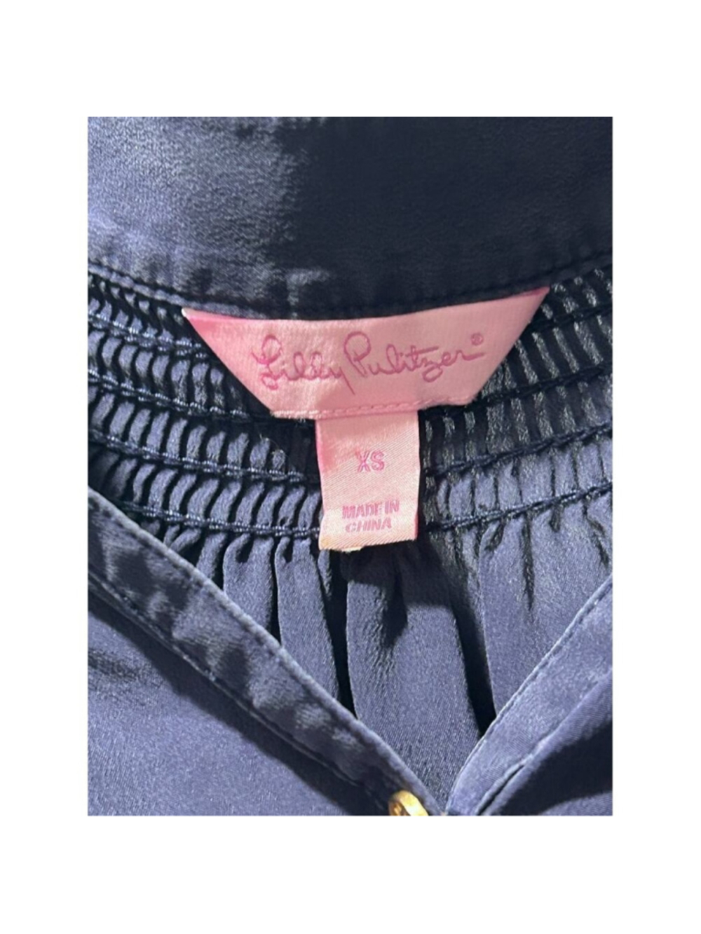 Lilly Pulitzer Silk Colorblock Peasant Blouse Navy Pink XS Long Sleeve Excellent - Picture 3 of 7